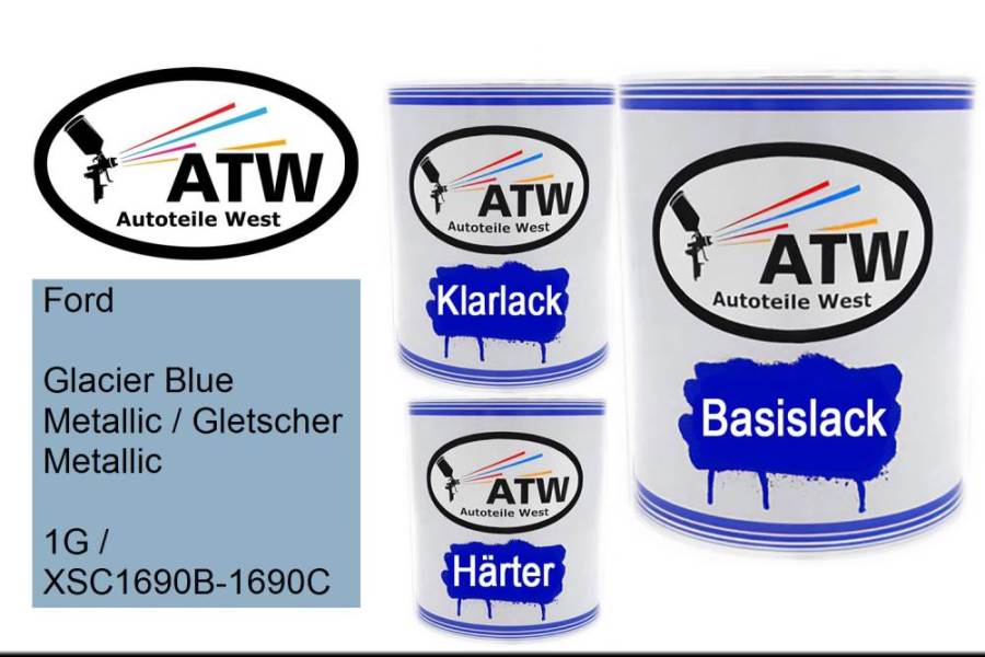 Ford, Glacier Blue Metallic / Gletscher Metallic, 1G / XSC1690B-1690C: 1L Lackdose + 1L Klarlack + 500ml Härter - Set, von ATW Autoteile West.